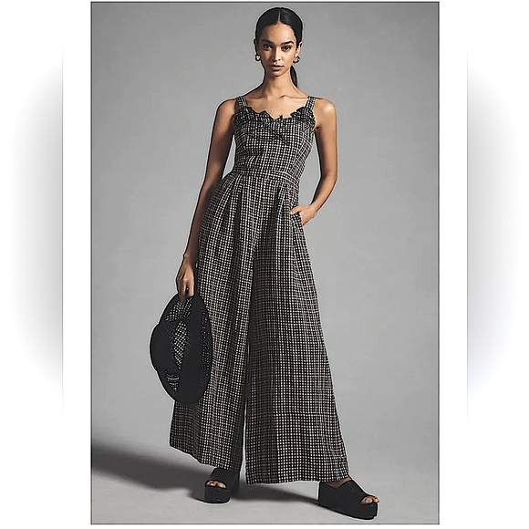 Anthropologie Pants - Anthropologie Embroidered Plaid Pleated Wide Leg Flowy Jumpsuit Sz 4